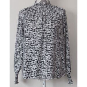 NINE WEST Black & White Print Sz Large Church Office High Neck Long Sleeve Shirt